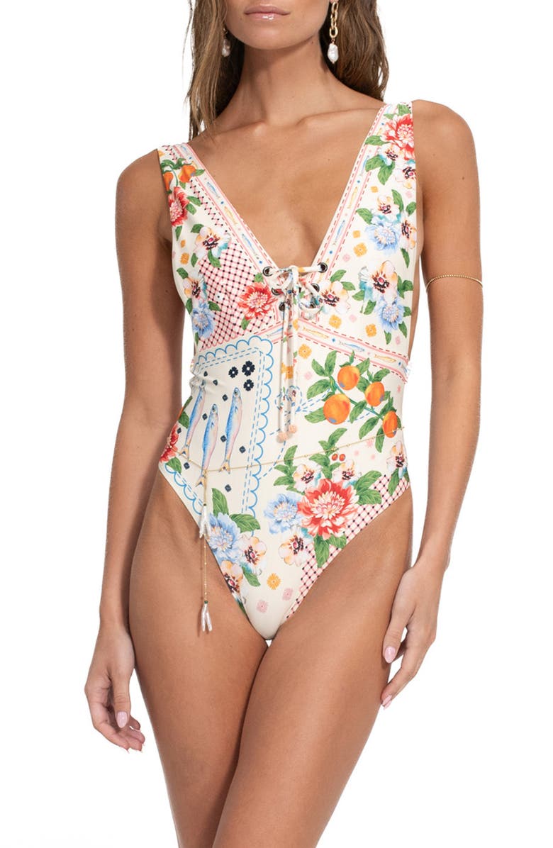 Agua Bendita Priscila Basket Lace-Up One-Piece Swimsuit, Main, color, White