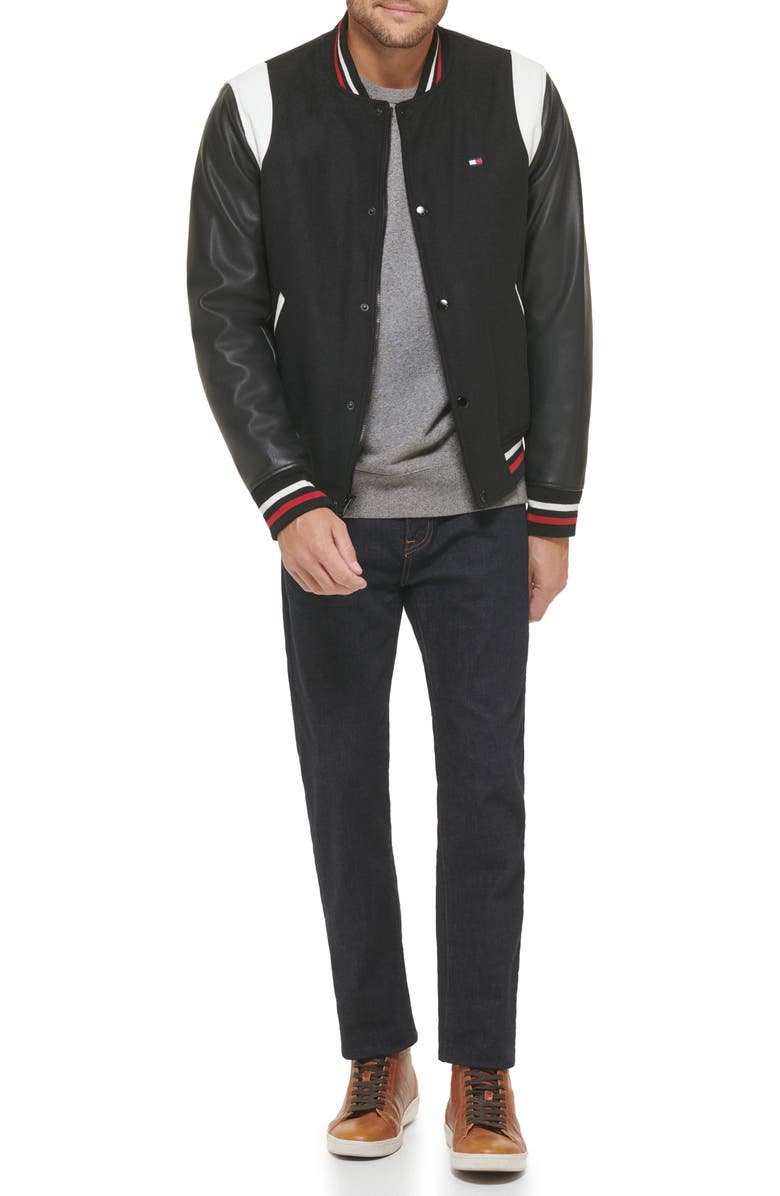 Tommy Hilfiger Faux Leather Letterman Varsity Jacket, Alternate, color, Black