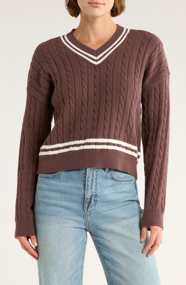 Vigoss V-Neck Cable Stitch Sweater, Main, color, Chocolate