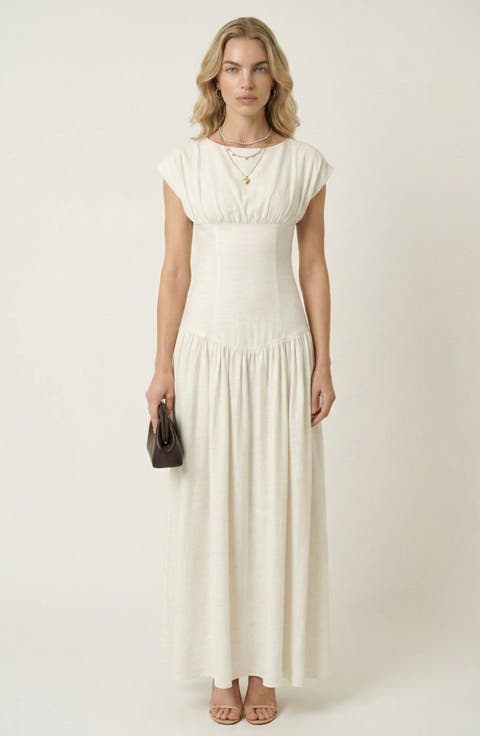Cap-Sleeve Maxi Dress with Lace-Up Back