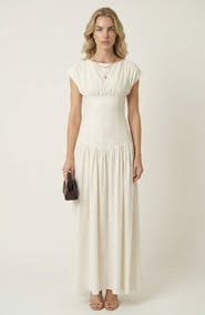 Modenaire Cap-Sleeve Maxi Dress with Lace-Up Back