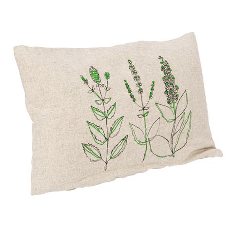 24 Inches Hand-Embroidered Linen Blend Printed Lumbar Pillow with Botanicals, Kantha Stitch, and Flanged Edge