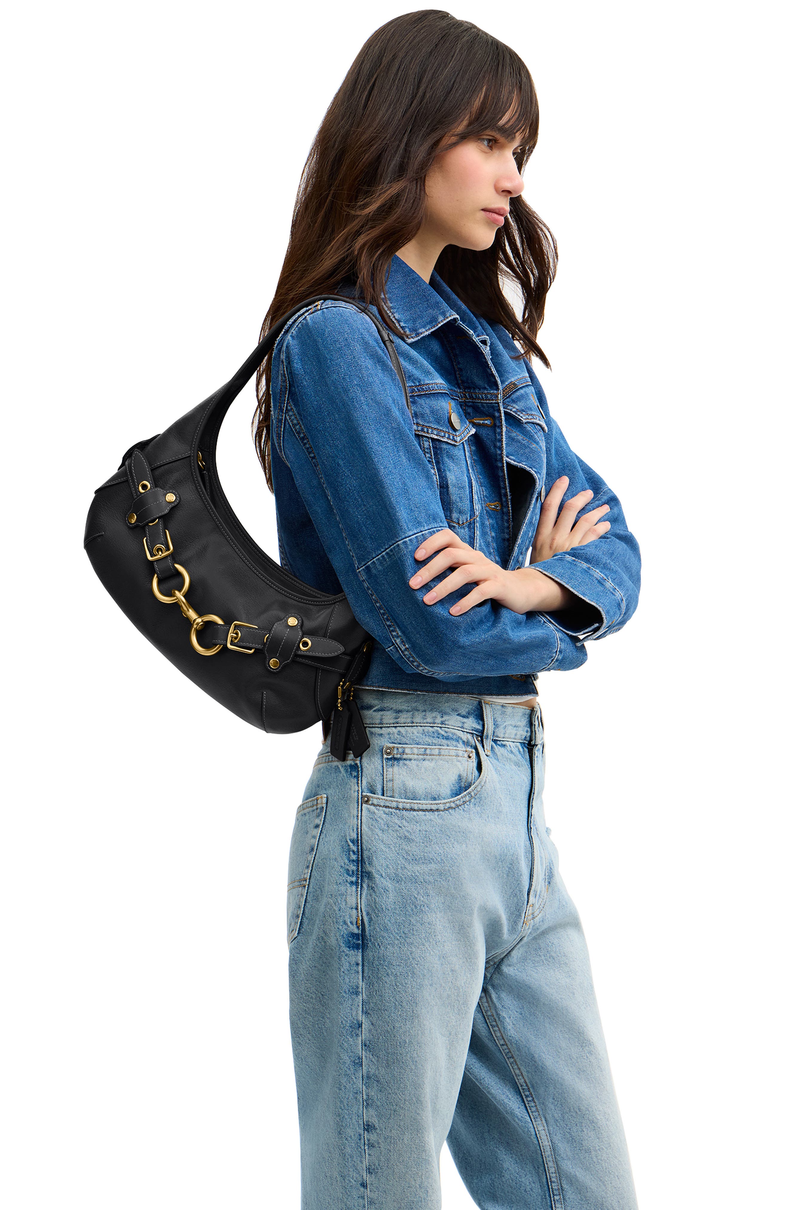 Belted Ergo Leather Shoulder Bag, Alternate, color, BLACK