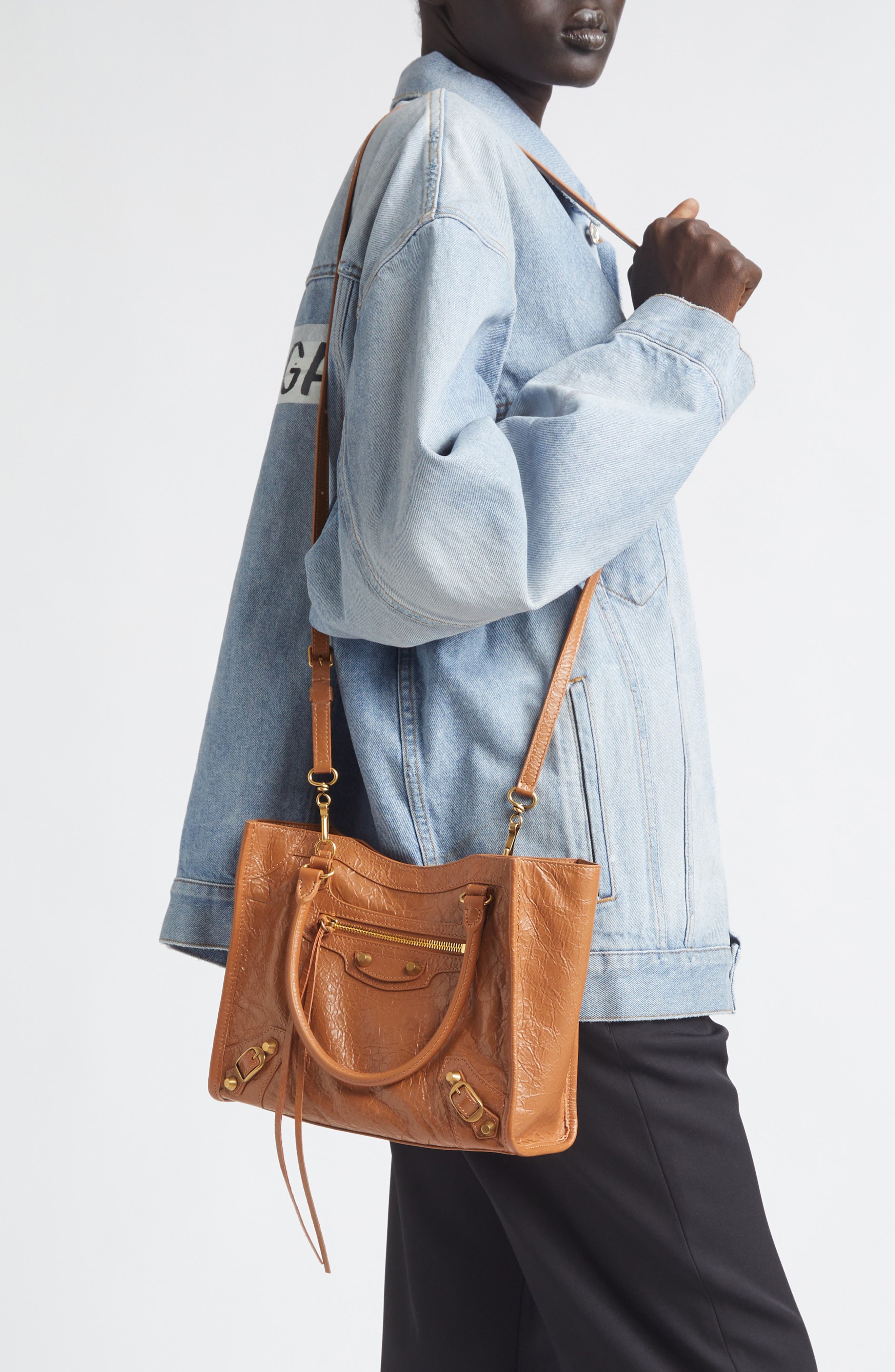 Balenciaga Mini Le City Crinkle Leather Top Handle Bag, Alternate, color, 2630 Camel