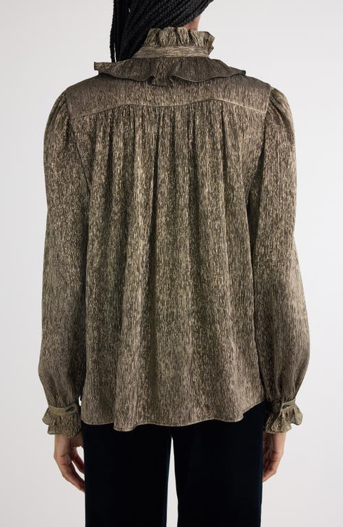 Shop Chloé Ruffle Neck Silk Crêpon Lamé Button-up Shirt In Black Gold