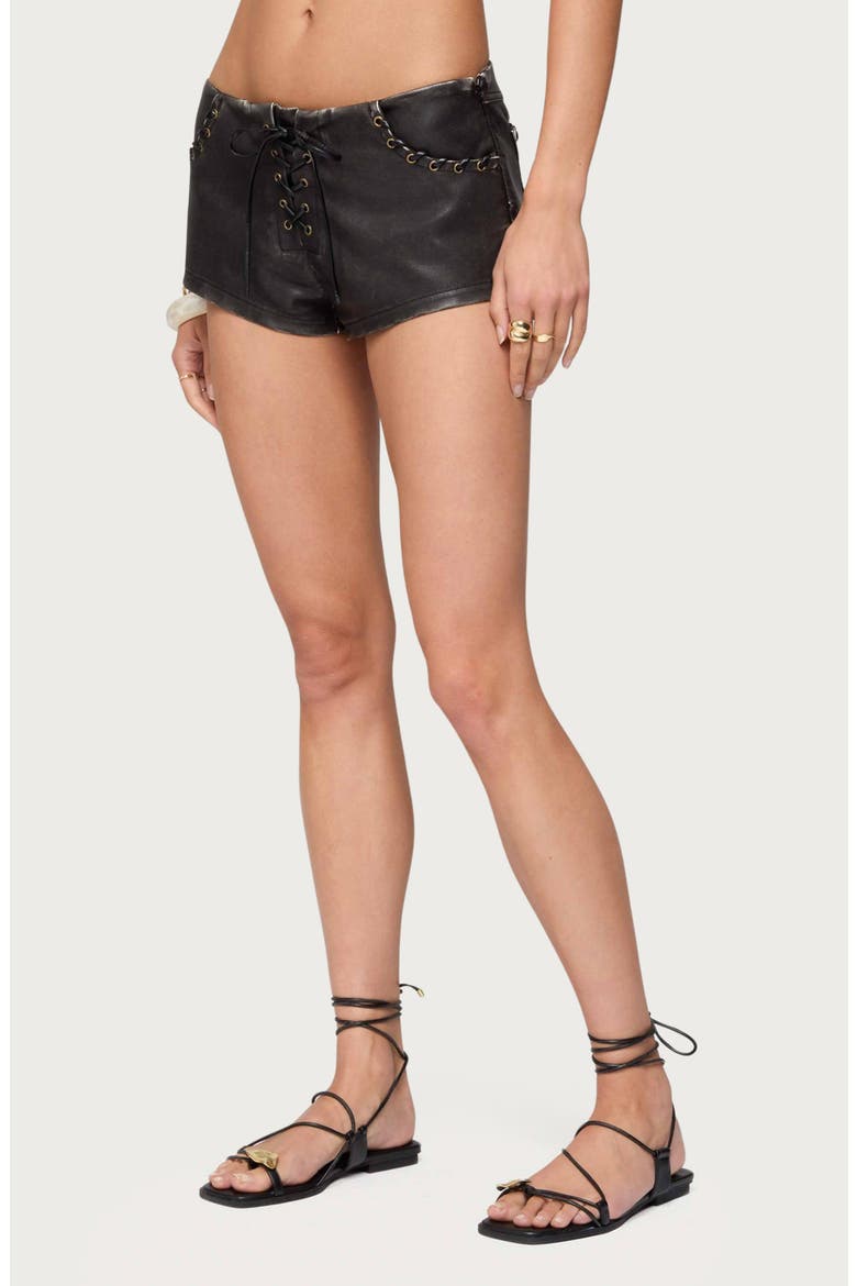 Lace-Up Low Rise Faux Leather Shorts, Alternate, color, BLACK-WASHED