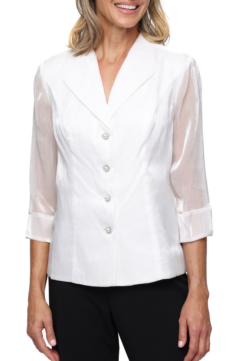 Alex Evenings Yoryu Sheer Sleeve Button-Up Shirt, Main, color, Ivory