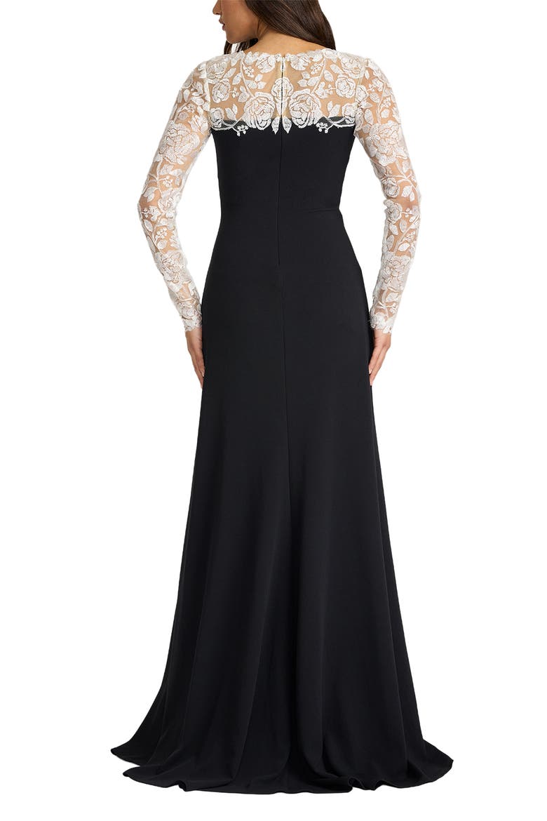 Lace Detail Long Sleeve Crepe Gown, Alternate, color, IVORY/ BLACK