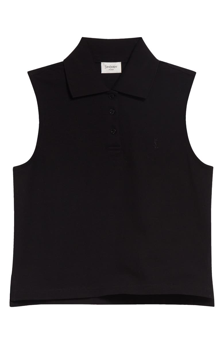 Saint Laurent Cassandre Embroidered Sleeveless Cotton Piqué Polo, Main, color, Noir