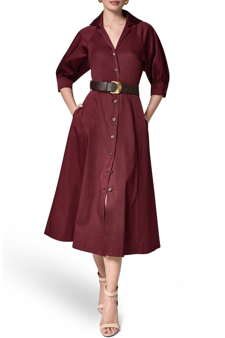 Belted Stretch Cotton Midi Shirtdress, Main, color, BLACK CHERRY