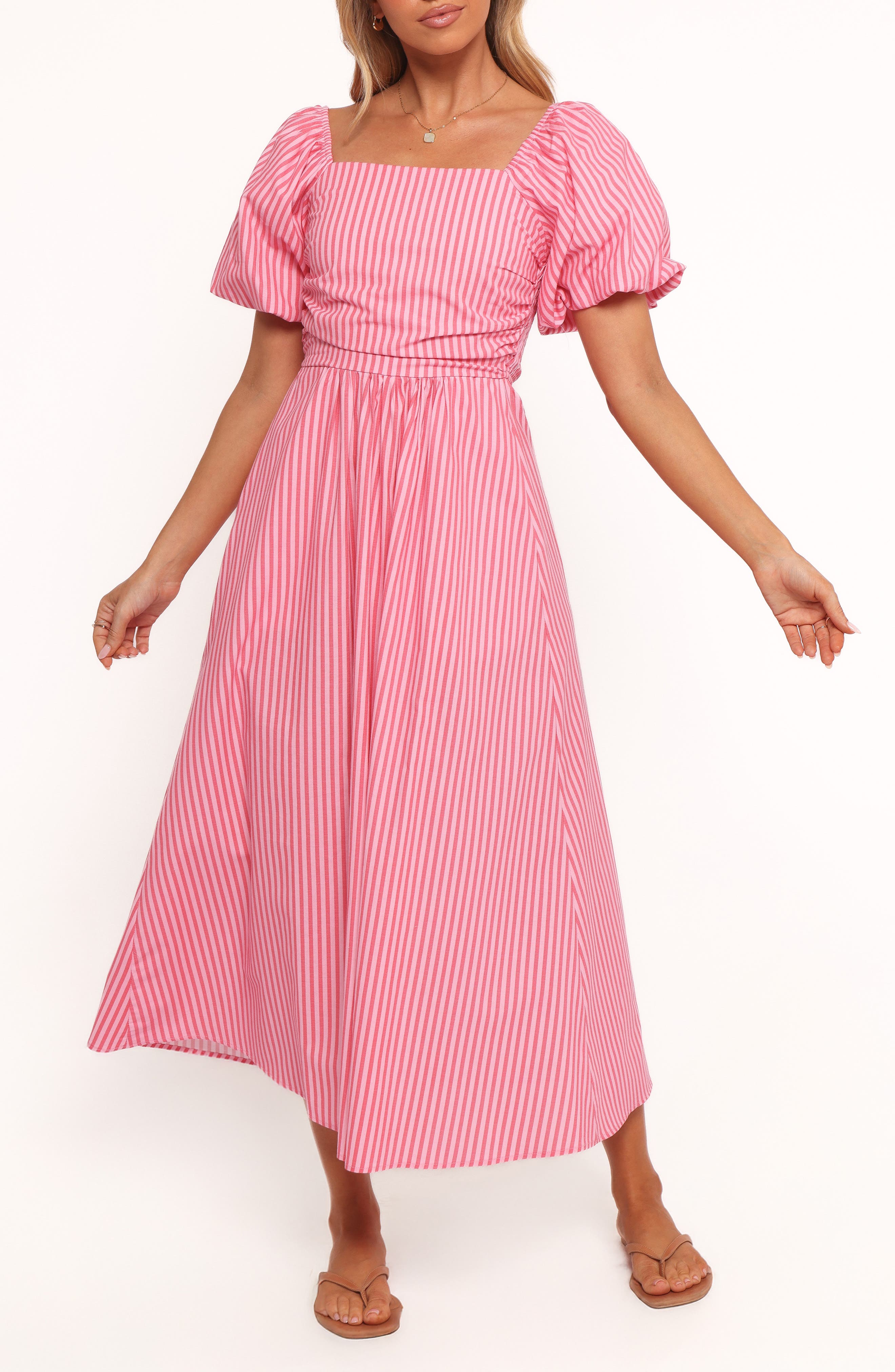Petal & Pup Chlo Stripe Puff Sleeve Cotton Midi Sundress