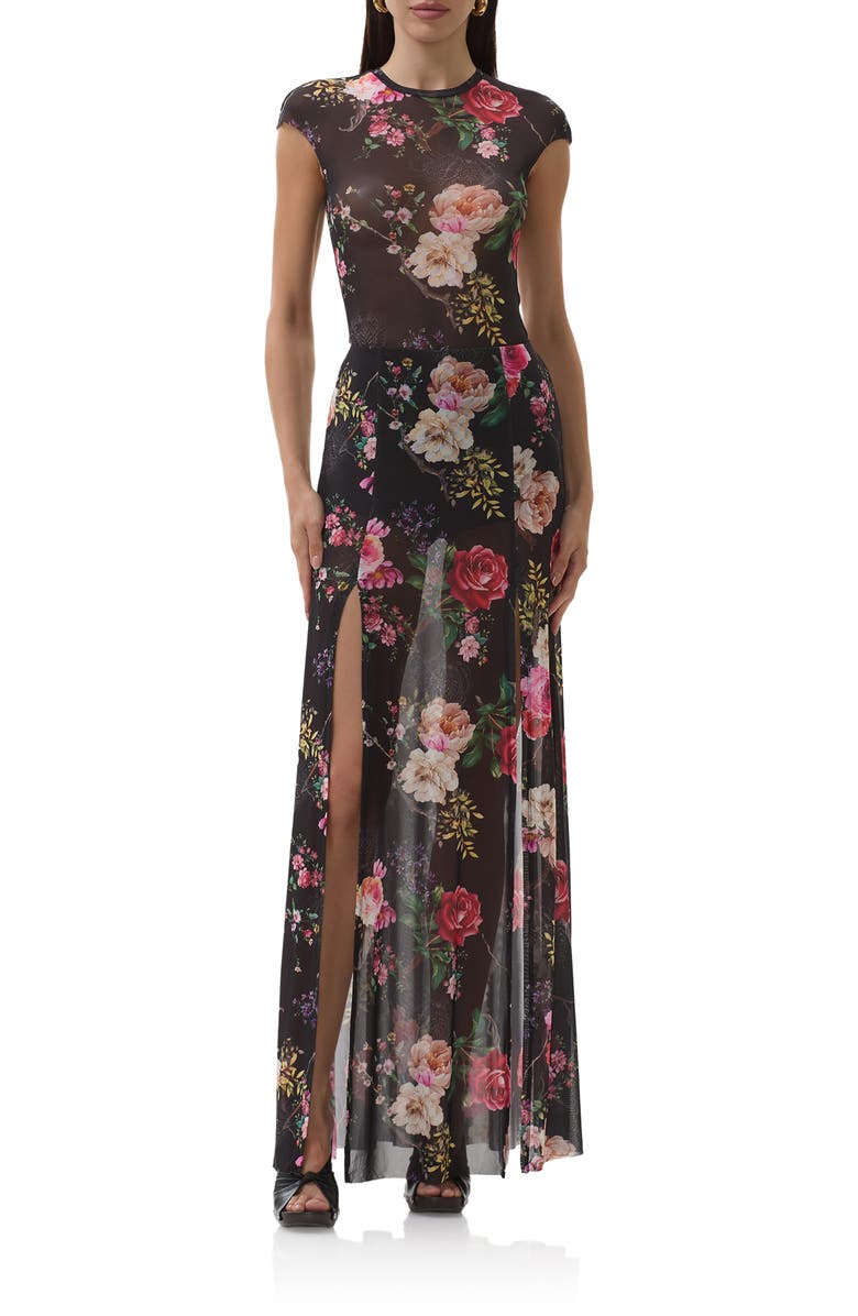 AFRM Batien Printed Mesh Maxi Skirt, Alternate, color, Noir Summer Rose
