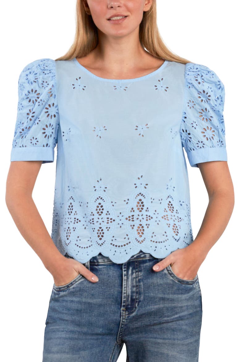 Halo Eyelet Puff Sleeve Cotton Blend Top, Alternate, color, CERULEAN BLUE