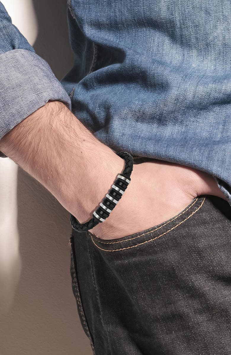 GEOFFREY BEENE Men's Ornaments Braided Leather Bracelet, Alternate, color, Silver