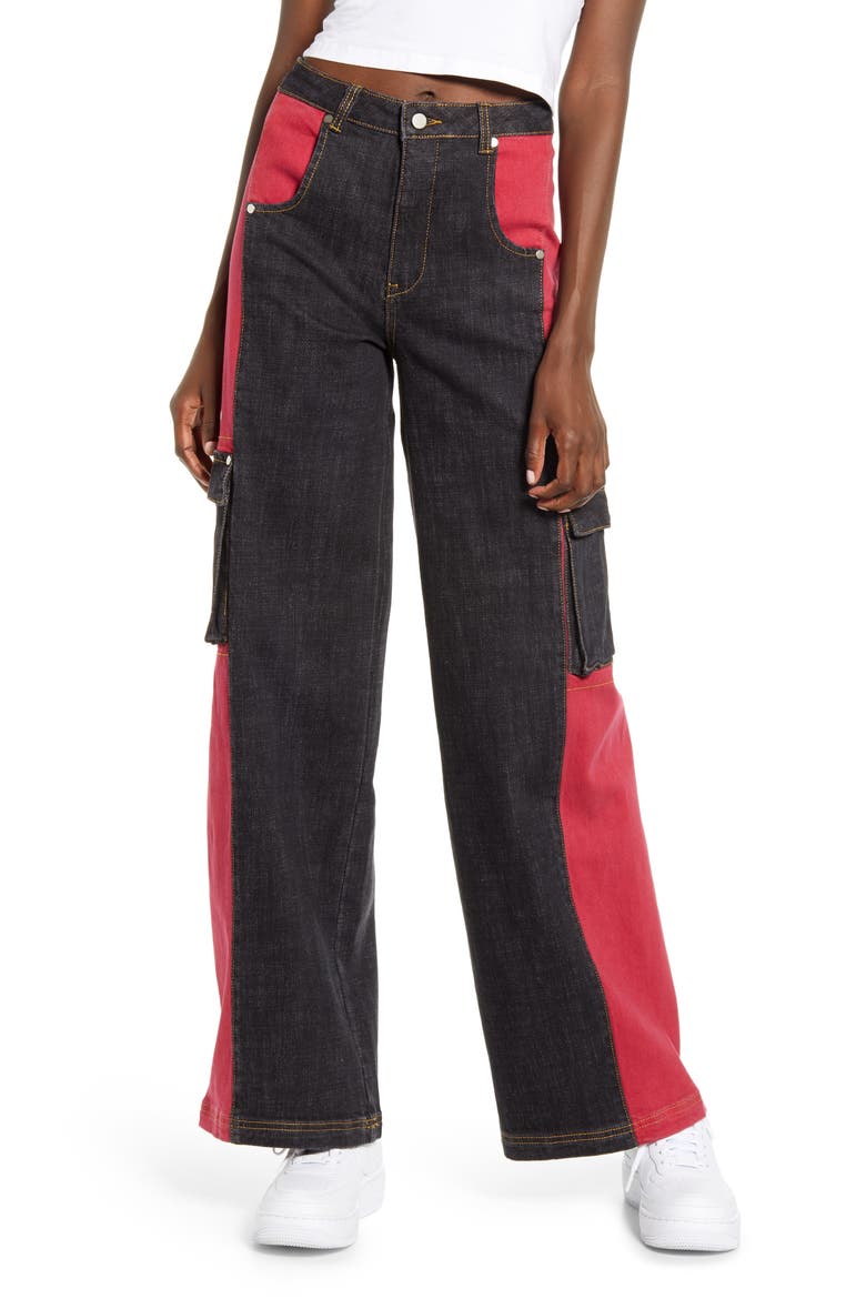 Bessi High Waist Wide Leg Cargo Jeans, Main, color, BLACK/ RED