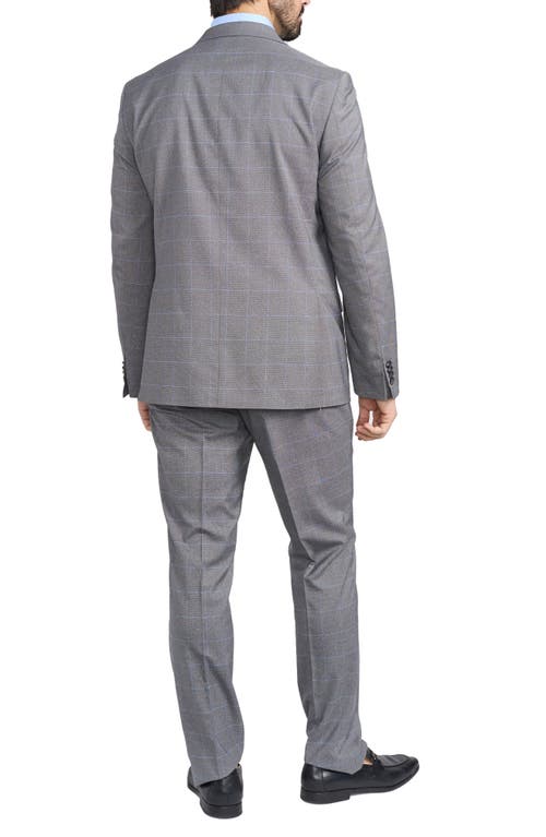 Savile Row Co Gray Windowpane Plaid Print Trim-fit Suit In Grey