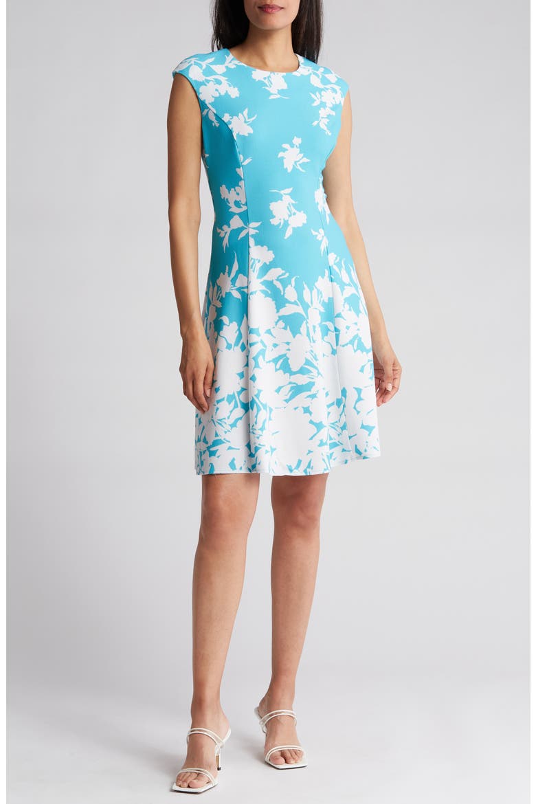Monotone Floral Print Fit and Flare Dress, Main, color, TURQUOISE/ IVY