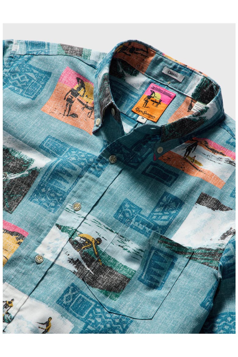 The Endless Summer 60th Commemorative Short Sleeve Cotton Blend Button-Down Shirt, Alternate, color, ADRIATIC BLUE