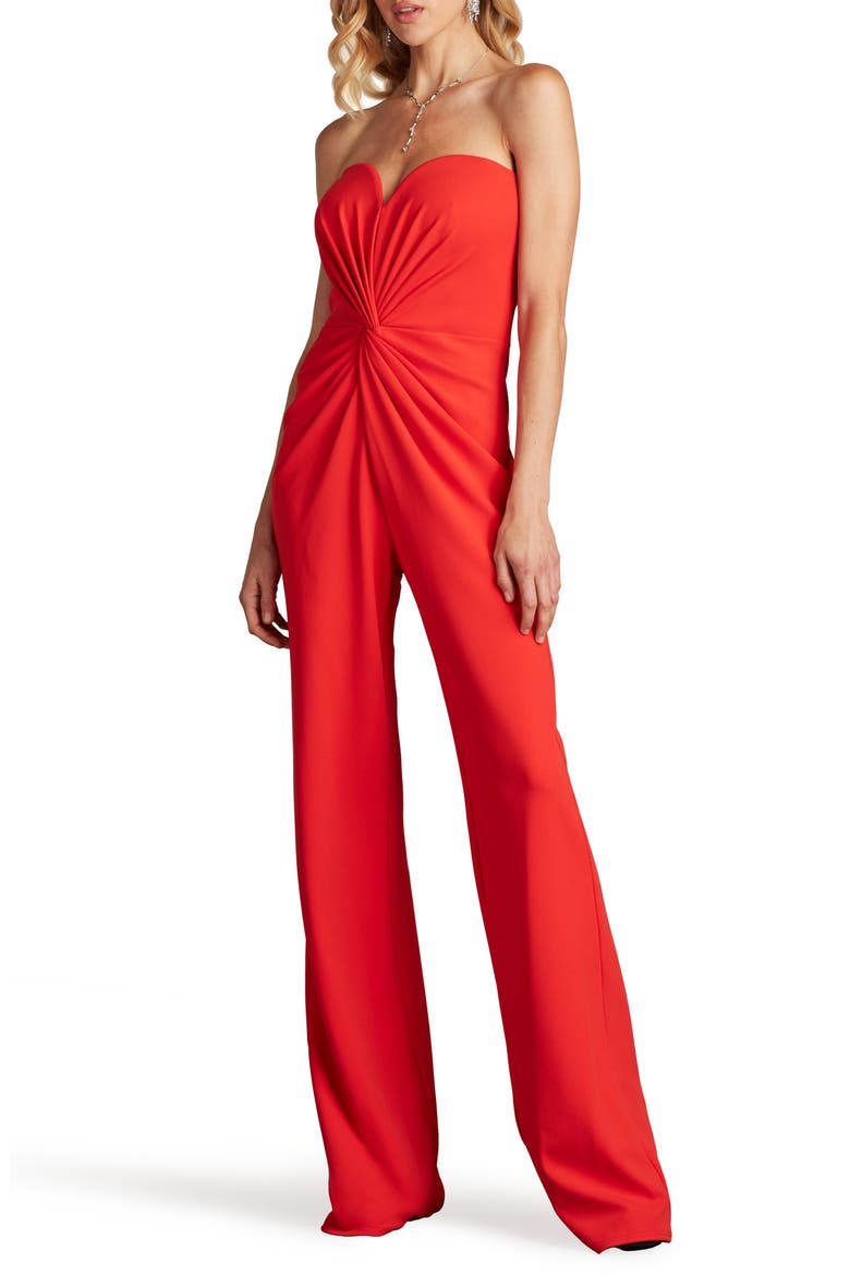 Strapless Front Twist Crepe Jumpsuit, Main, color, RED ROSE