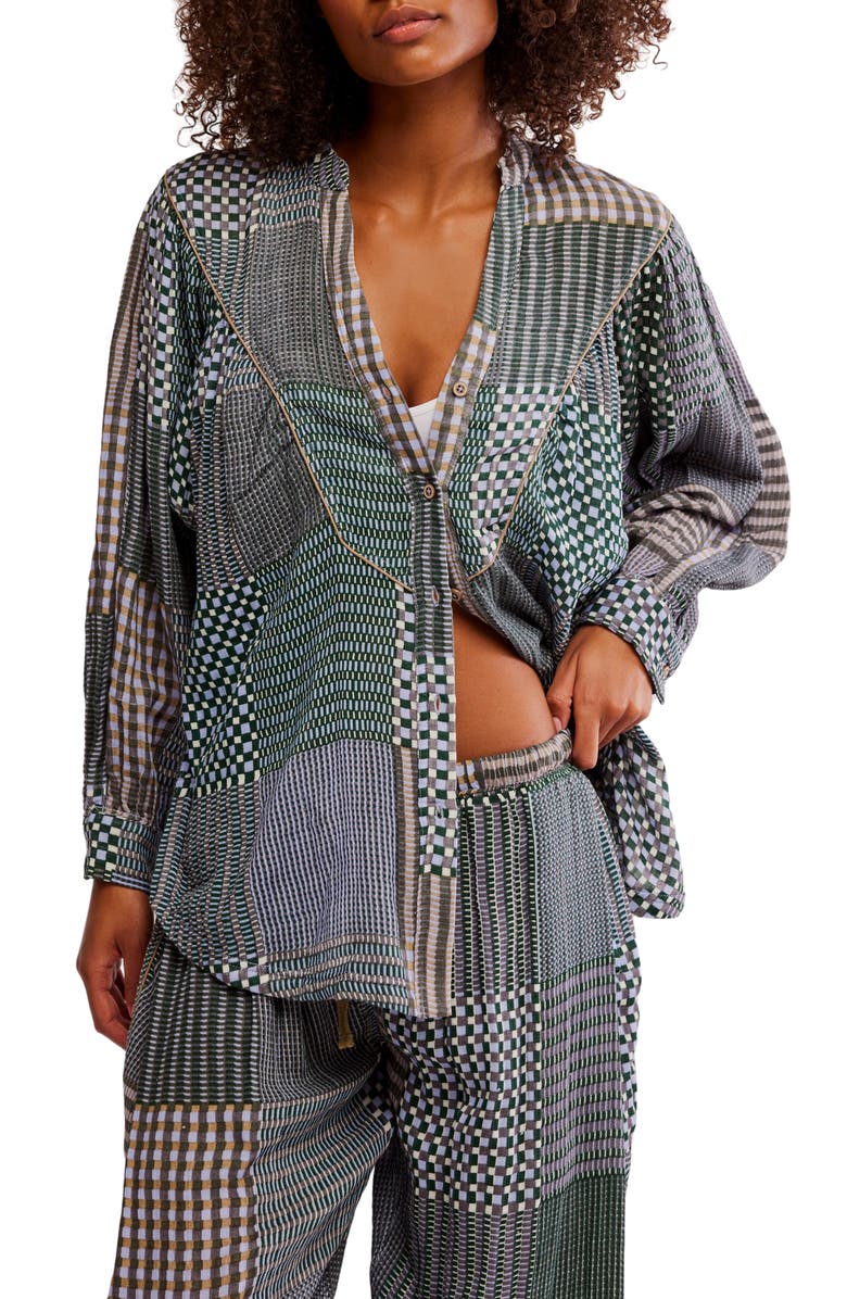 Free People Night After Night Cotton Button-Up Pajama Shirt, Main, color, Chambray Combo