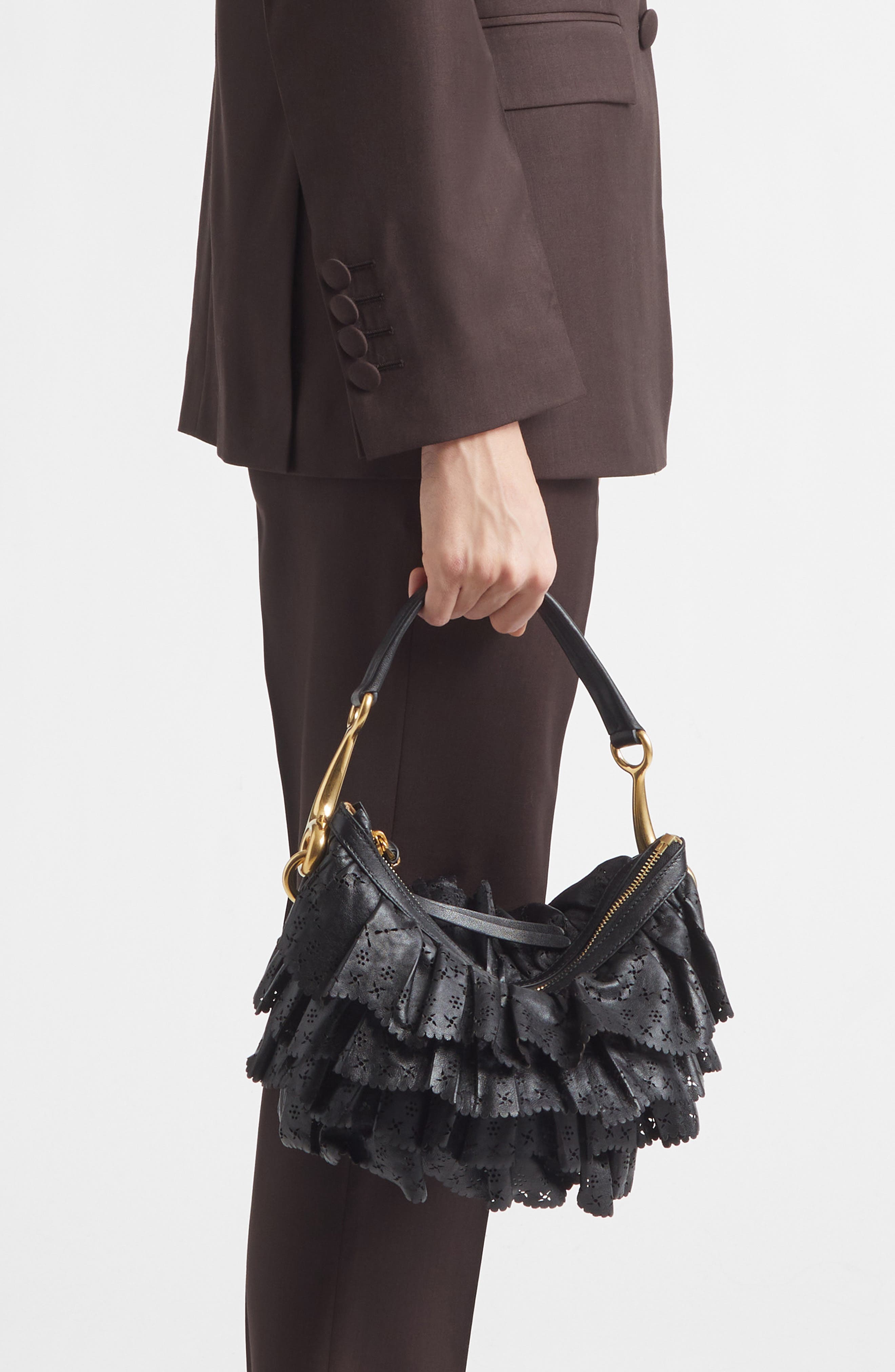 Burberry Mini Ruffle Leather Bag, Alternate, color, Black