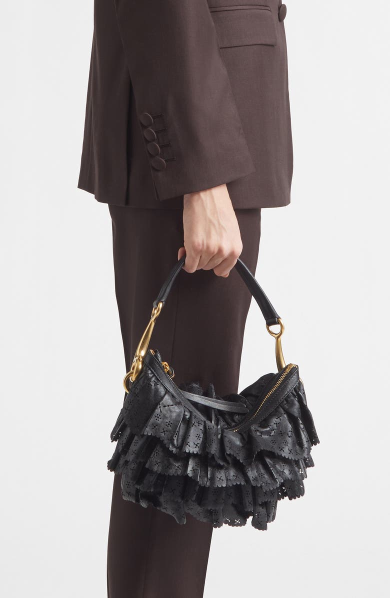 Burberry Mini Ruffle Leather Bag, Alternate, color, Black