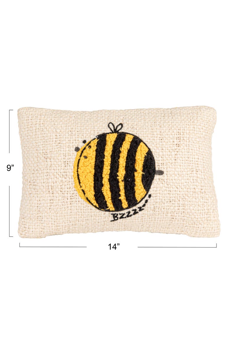 Woven Cotton Lumbar Pillow with Embroidered Bee Design, White and Yellow, Alternate, color, White