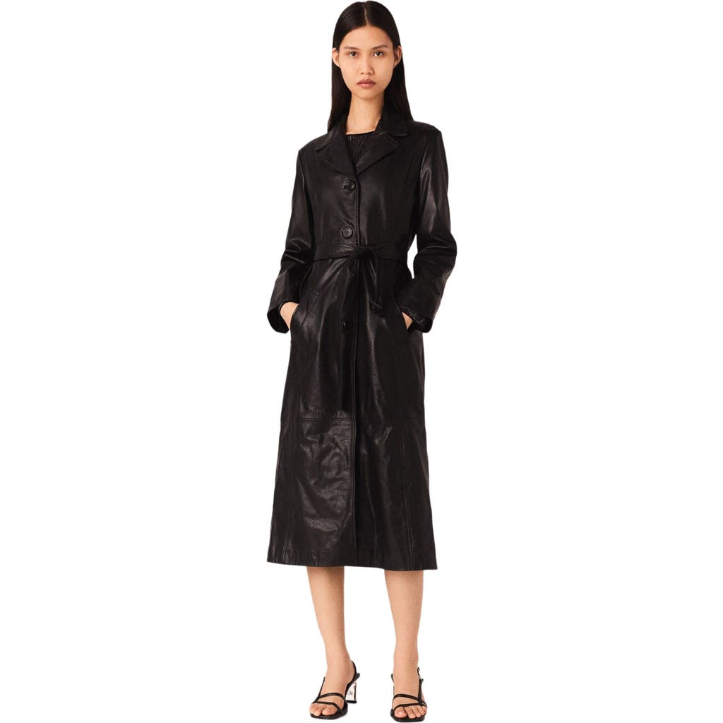 Maje Long Leather Trench Coat In Black