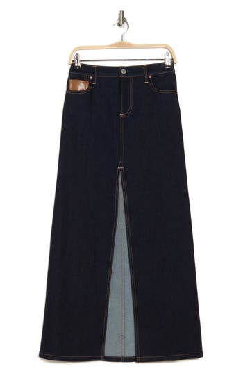 Alice And Olivia Alice + Olivia Rye High Waist Faux Leather & Denim Maxi Skirt In Dark Rinse