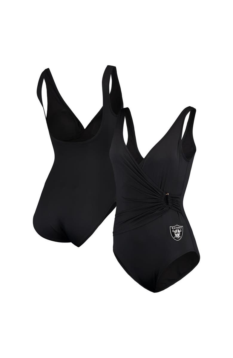Tommy Bahama Women's Tommy Bahama Black Las Vegas Raiders Pearl Clara Wrap One-Piece Swimsuit, Main, color, 