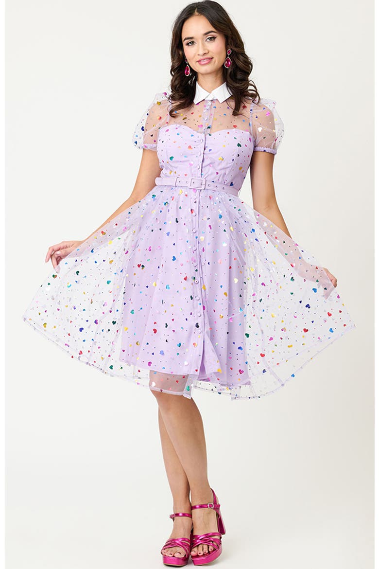 1950s Short Sleeve Collared Hollie Swing Dress, Main, color, Purple Heart Confetti