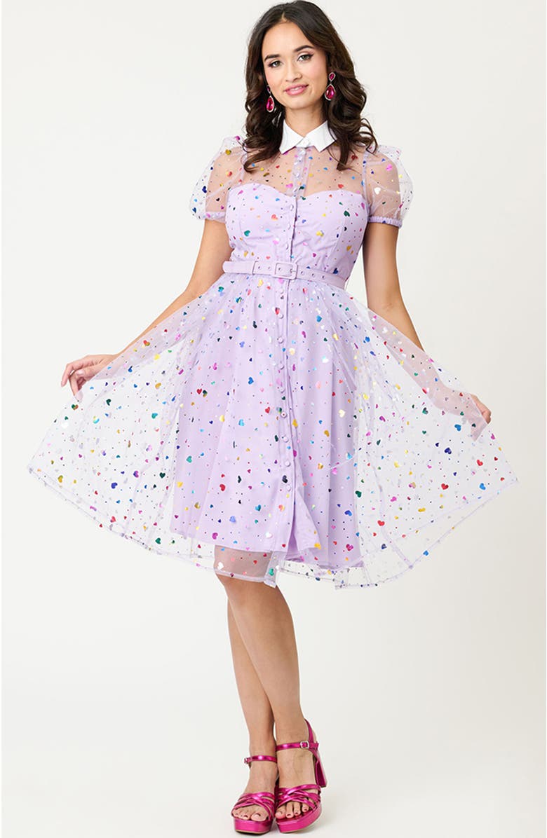 Unique Vintage 1950s Short Sleeve Collared Hollie Swing Dress, Main, color, Purple Heart Confetti