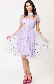 Unique Vintage 1950s Short Sleeve Collared Hollie Swing Dress