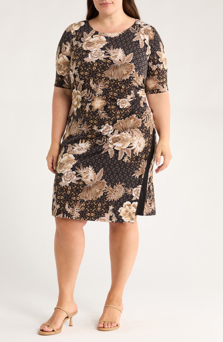 Connected Apparel Print Shirred Dress, Main, color, Taupe