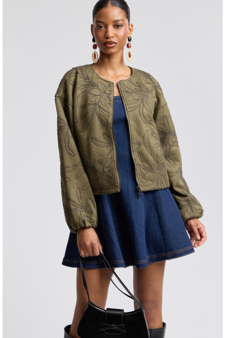 Leaf Embroidery Faux Suede Jacket, Alternate, color, FERN