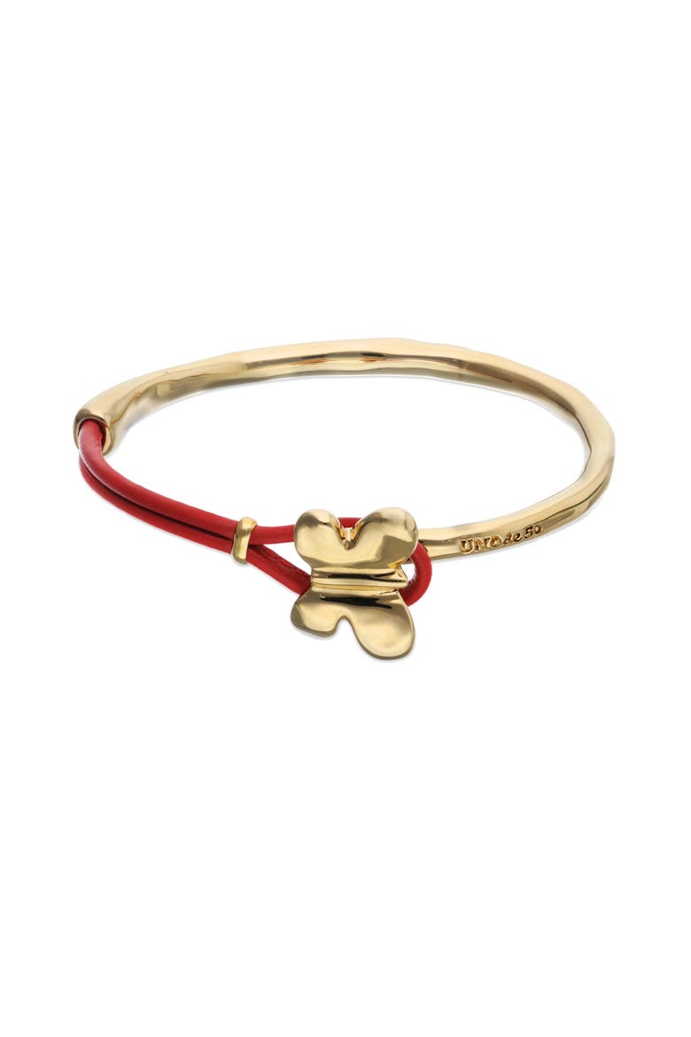 Leather Bracelet with Gold-Tone Butterfly, Main, color, Red