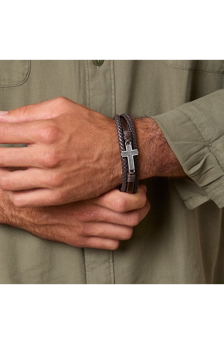 Lucky Brand Braided Leather Bracelet with Cross, Alternate, color, Brown, Silver