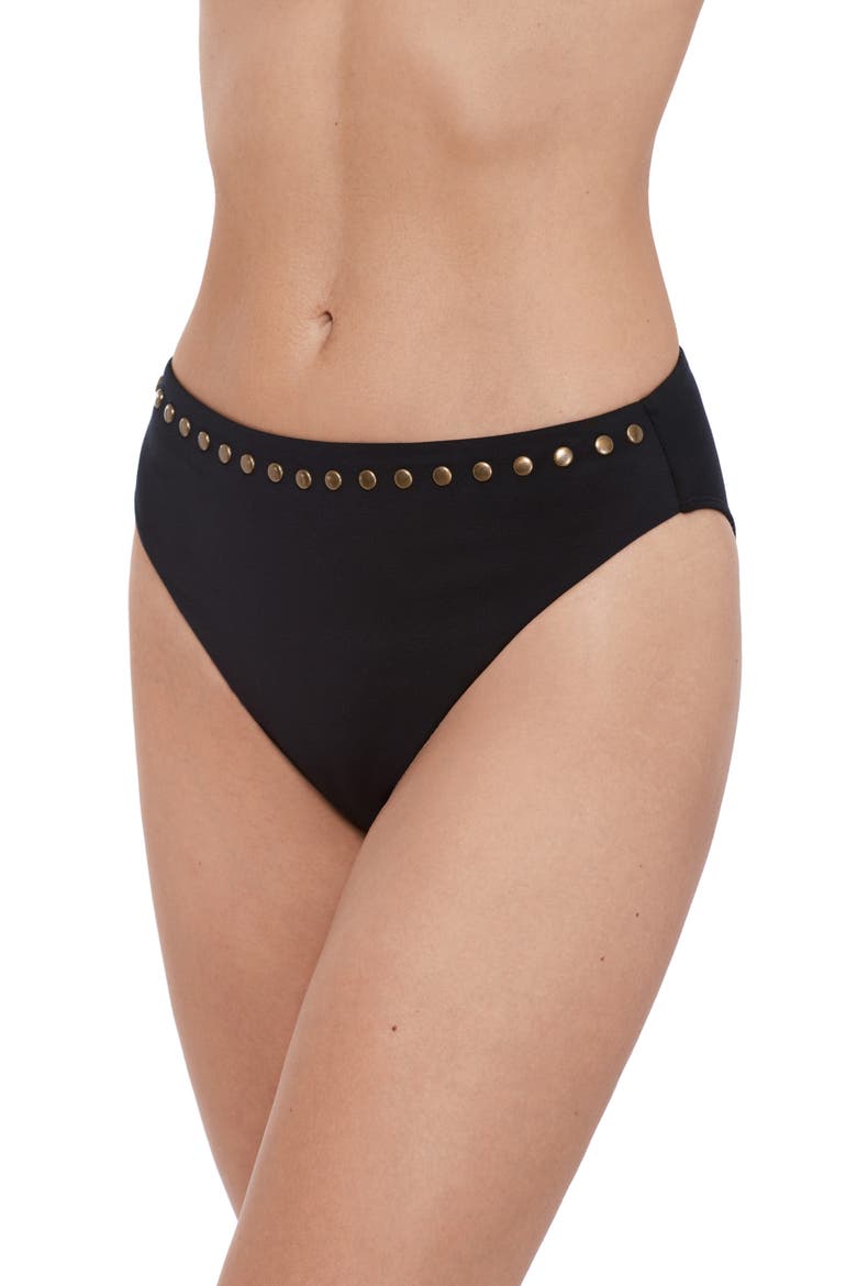 Studded High Cut Bikini Bottoms, Alternate, color, BLACK