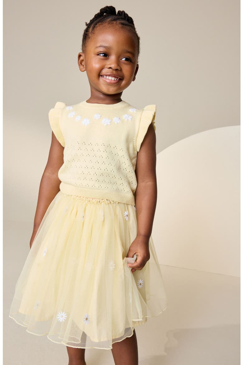 Kids' Floral Pointelle Knit Top & Mesh Skirt Set, Alternate, color, YELLOW