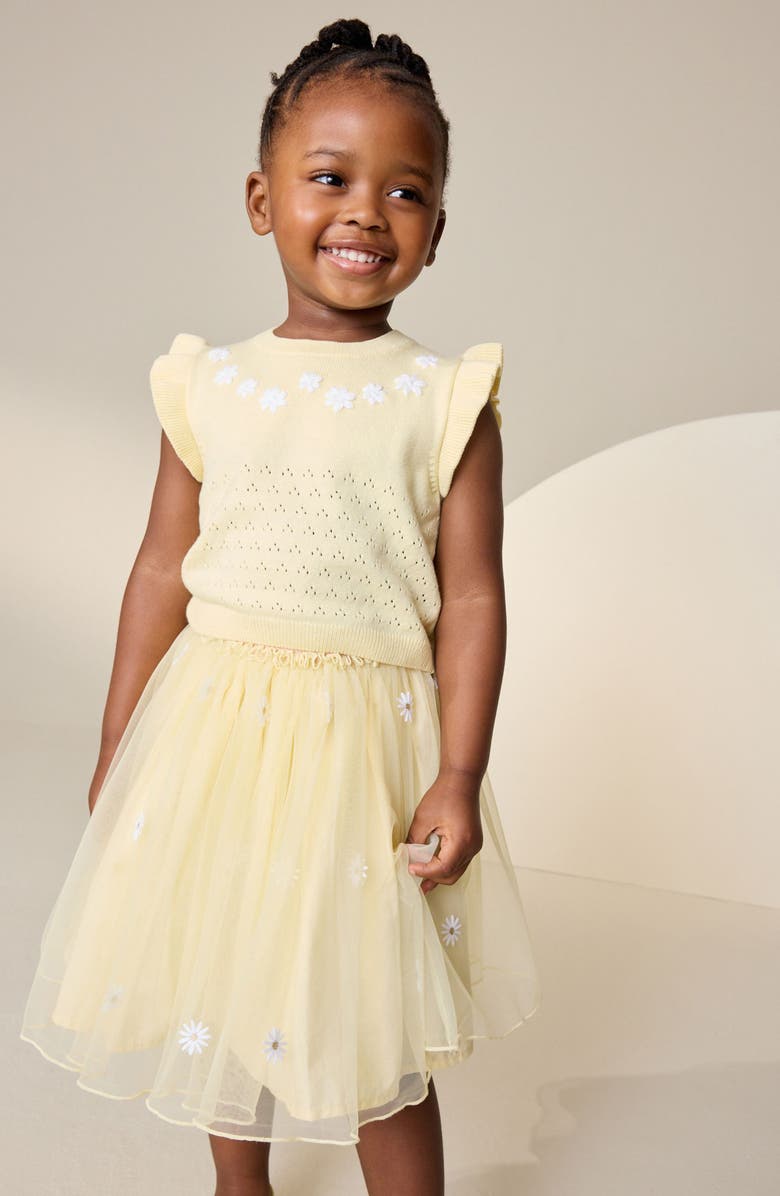 NEXT Kids' Floral Pointelle Knit Top & Mesh Skirt Set, Alternate, color, Yellow