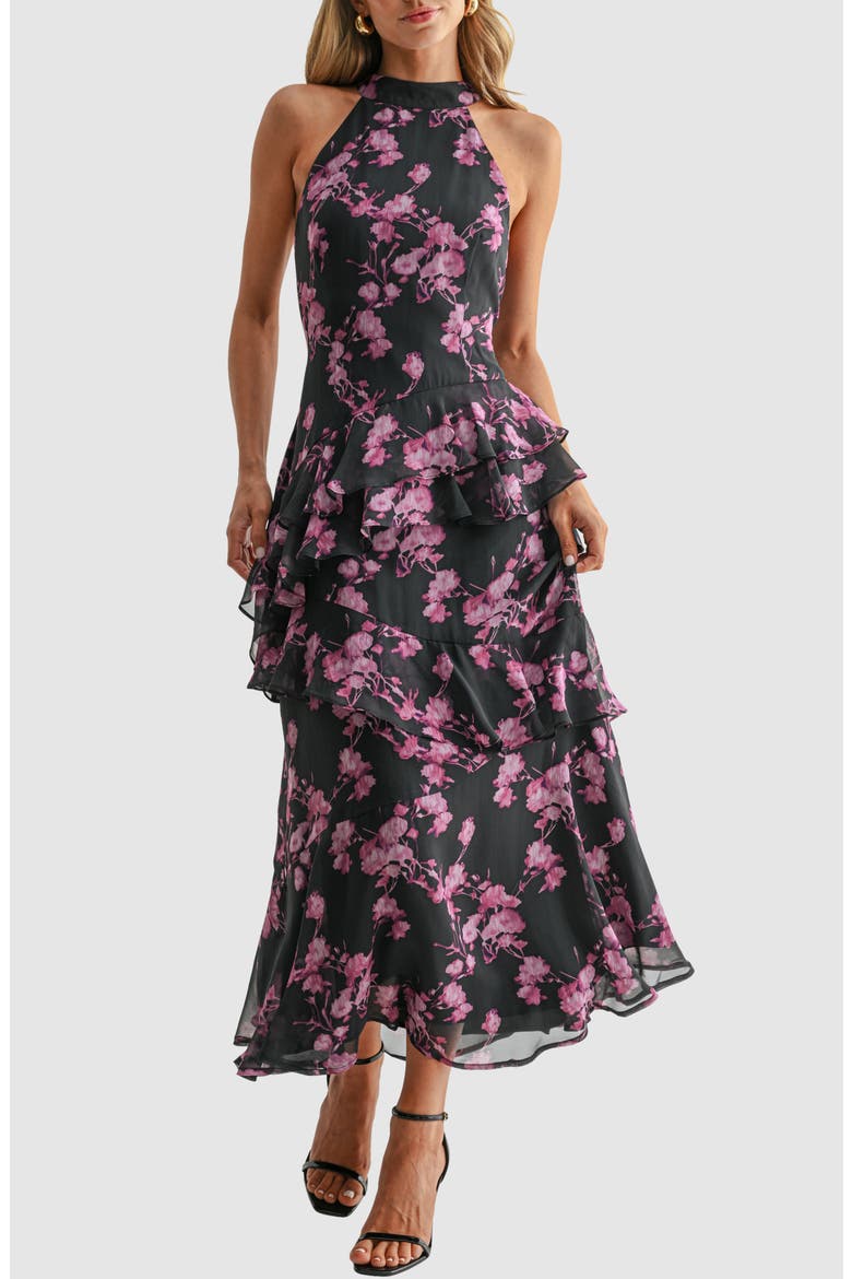 Floral Halter Neck Ruffled Maxi Dress, Alternate, color, BLACK FUCHSIA
