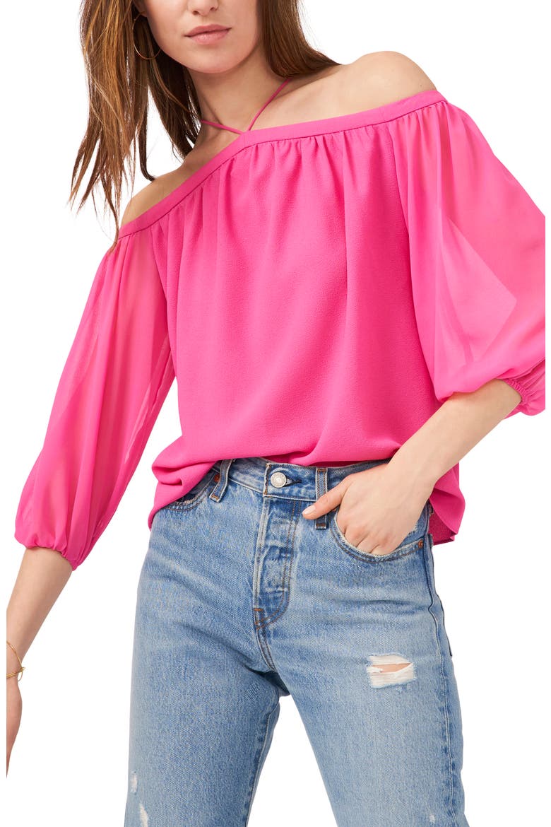 Off the Shoulder Sheer Chiffon Blouse, Alternate, color, BRIGHT MULBERRY