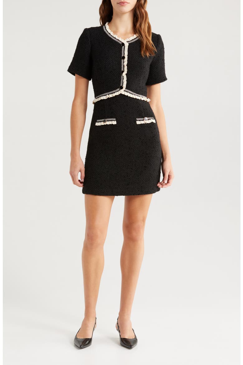 Lace Trim Tweed Minidress, Main, color, BLACK