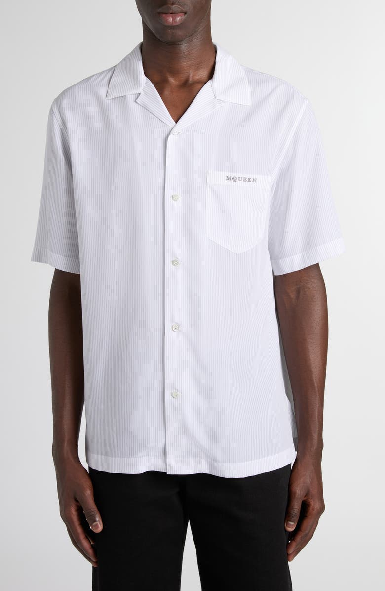 McQueen Pinstripe Logo Embroidered Camp Shirt, Main, color, 