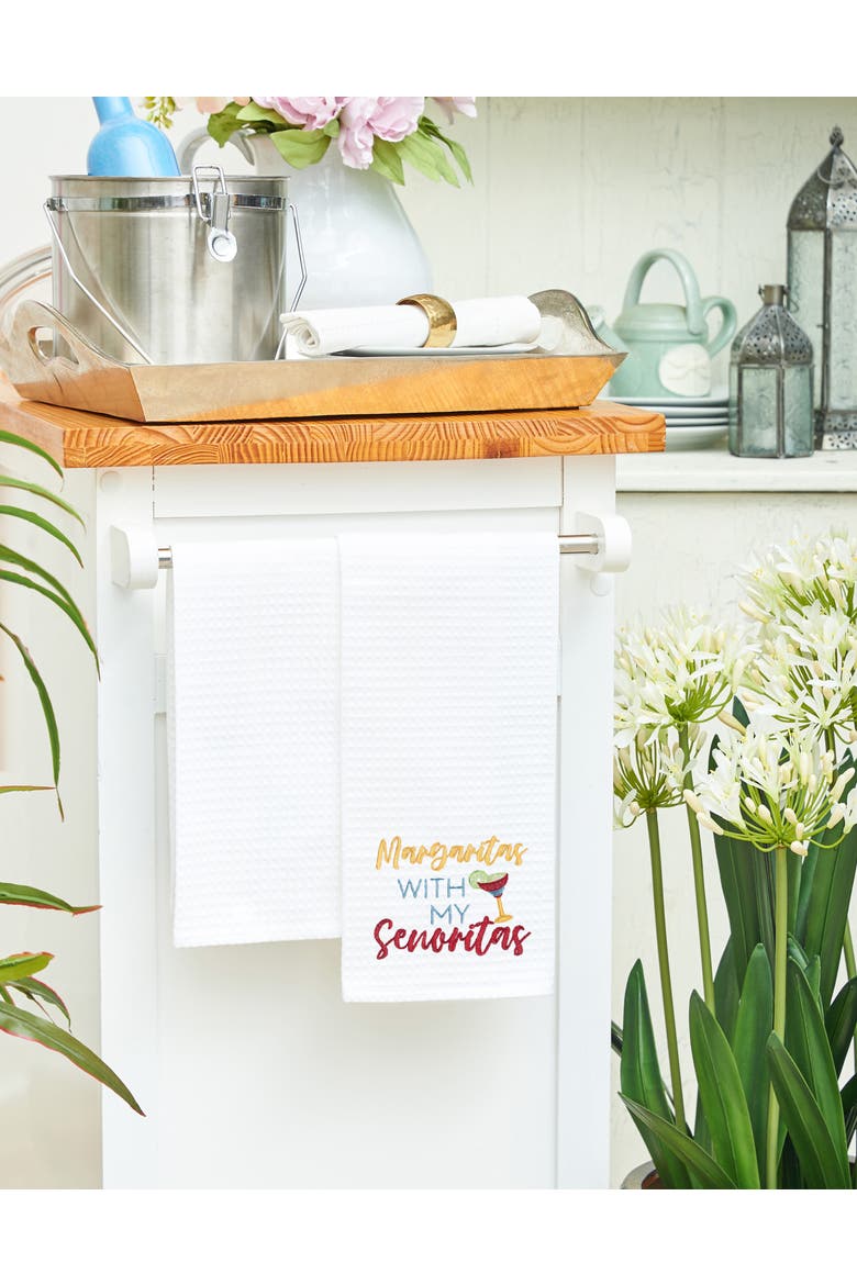 Margaritas With Senoritas Embroidered Cotton Waffle Weave Kitchen Dishtowel, Alternate, color, White
