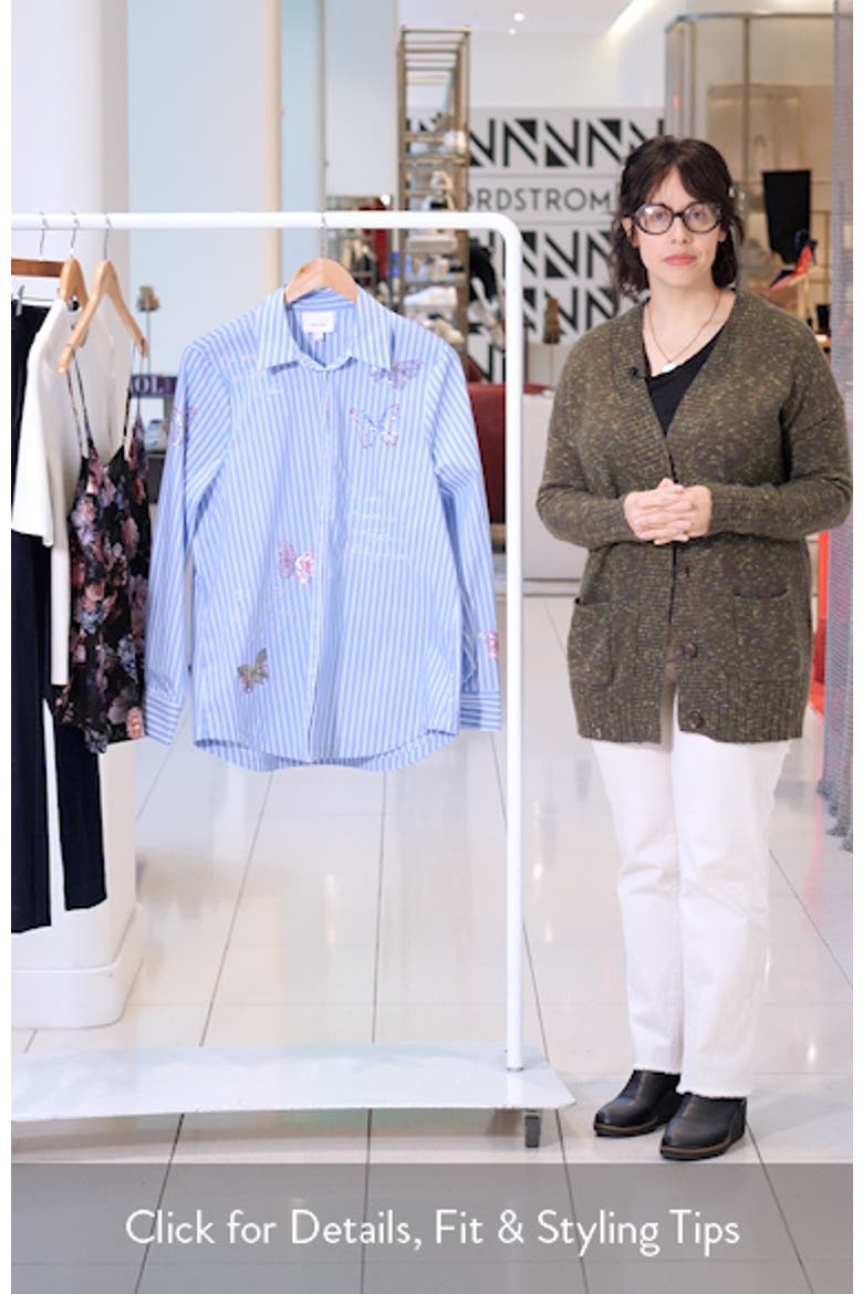 Lisa Beaded Butterfly Stripe Cotton Blend Button-Up Shirt video