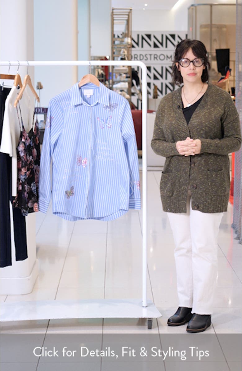 Lisa Beaded Butterfly Stripe Cotton Blend Button-Up Shirt, sales video thumbnail