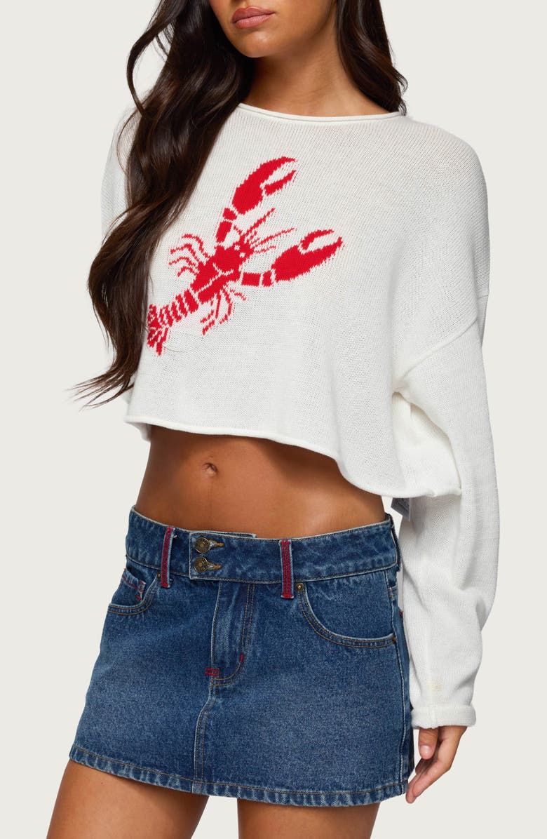EDIKTED Lobster Babe Crop Sweater, Alternate, color, White
