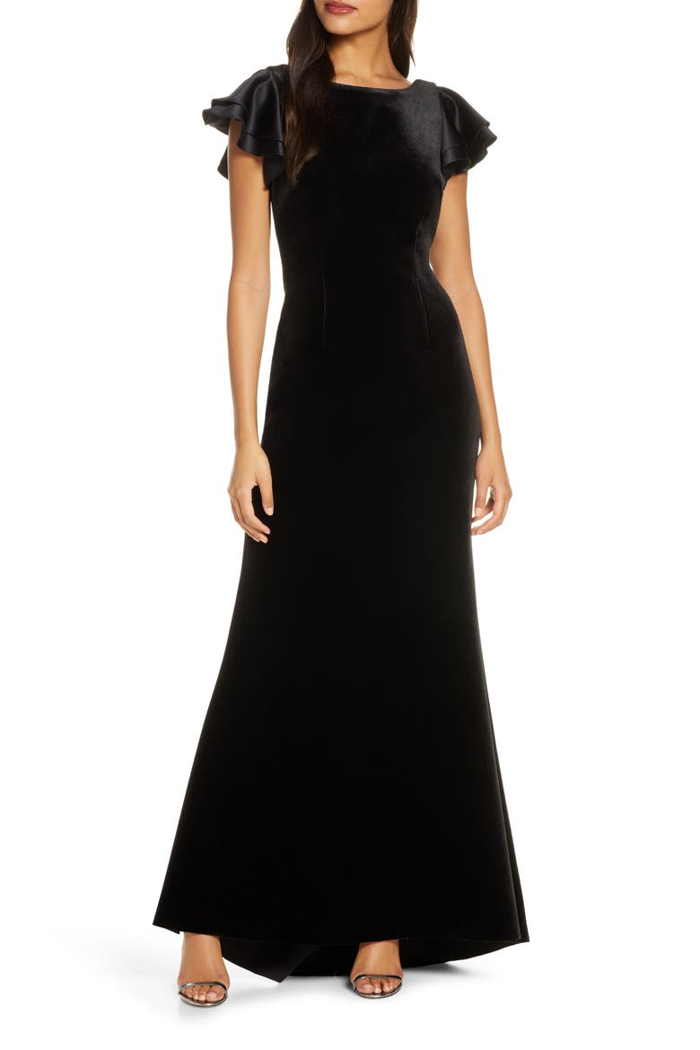 Satin Sleeve Velvet Trumpet Gown, Main, color, BLACK