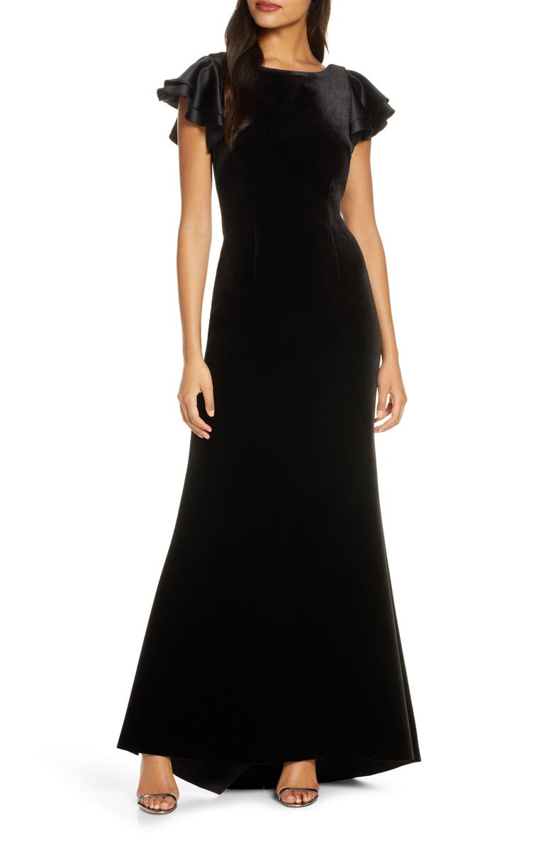 Eliza J Satin Sleeve Velvet Trumpet Gown, Main, color,